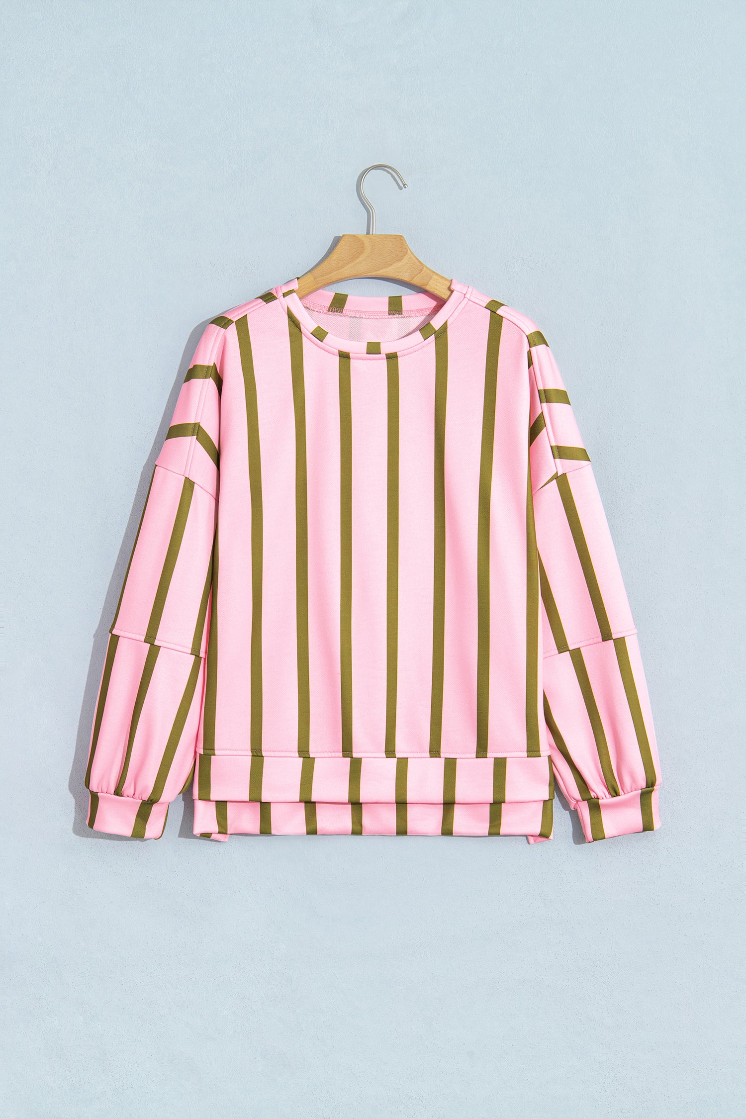Pink Stripe Dropped Shoulder Round Neck Casual Sweatshirt