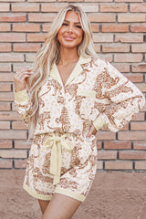 Yellow Leopard Print Colorblock Pocket Placket Long Sleeve Lounge Set