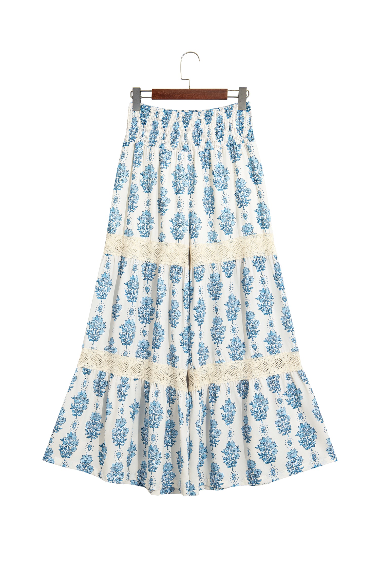 Sky Blue Floral Print Lace Patchwork Detail Wide Leg Pants