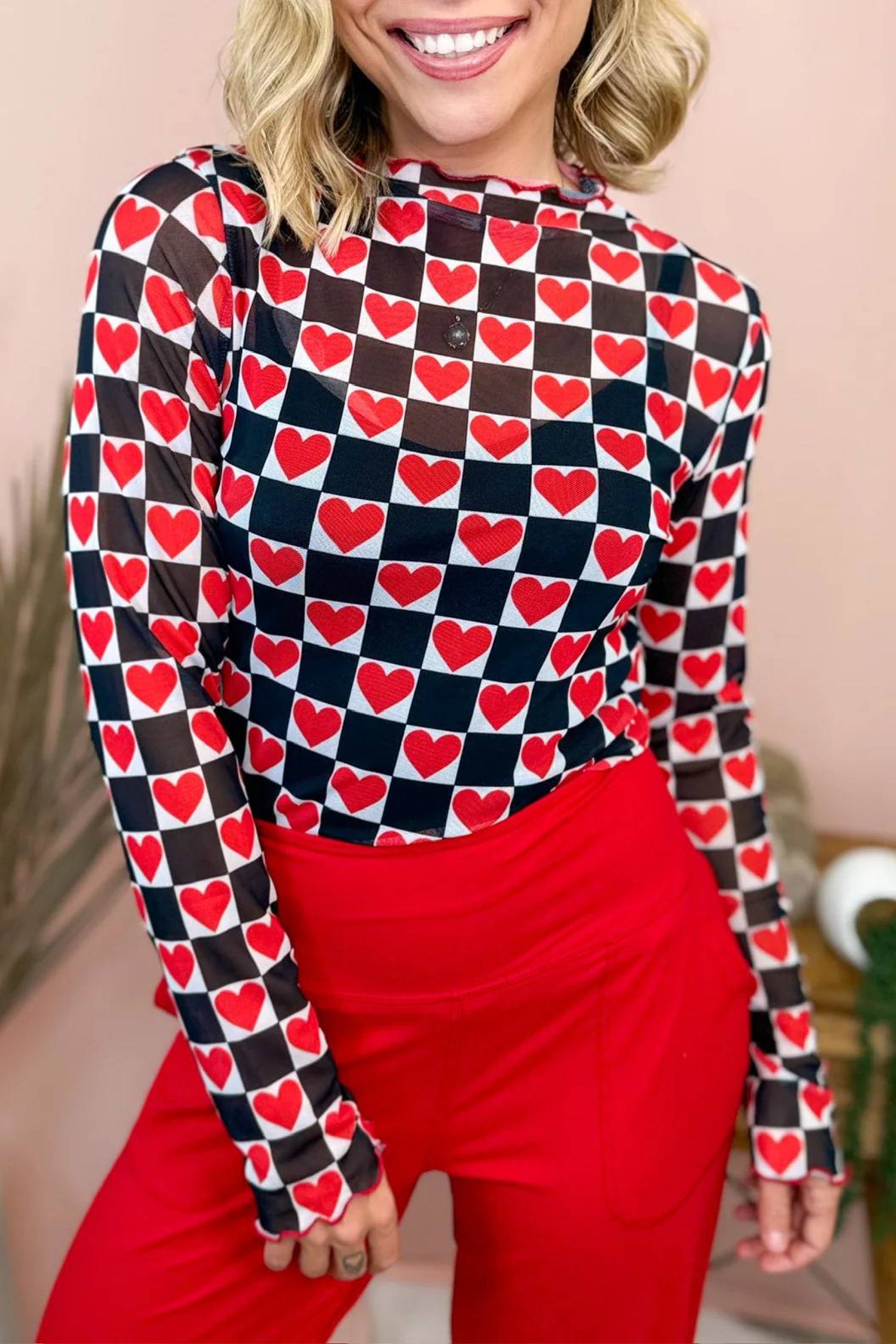 Rose Plaid Mesh Sheer Long Sleeve Top