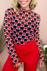 Rose Plaid Mesh Sheer Long Sleeve Top
