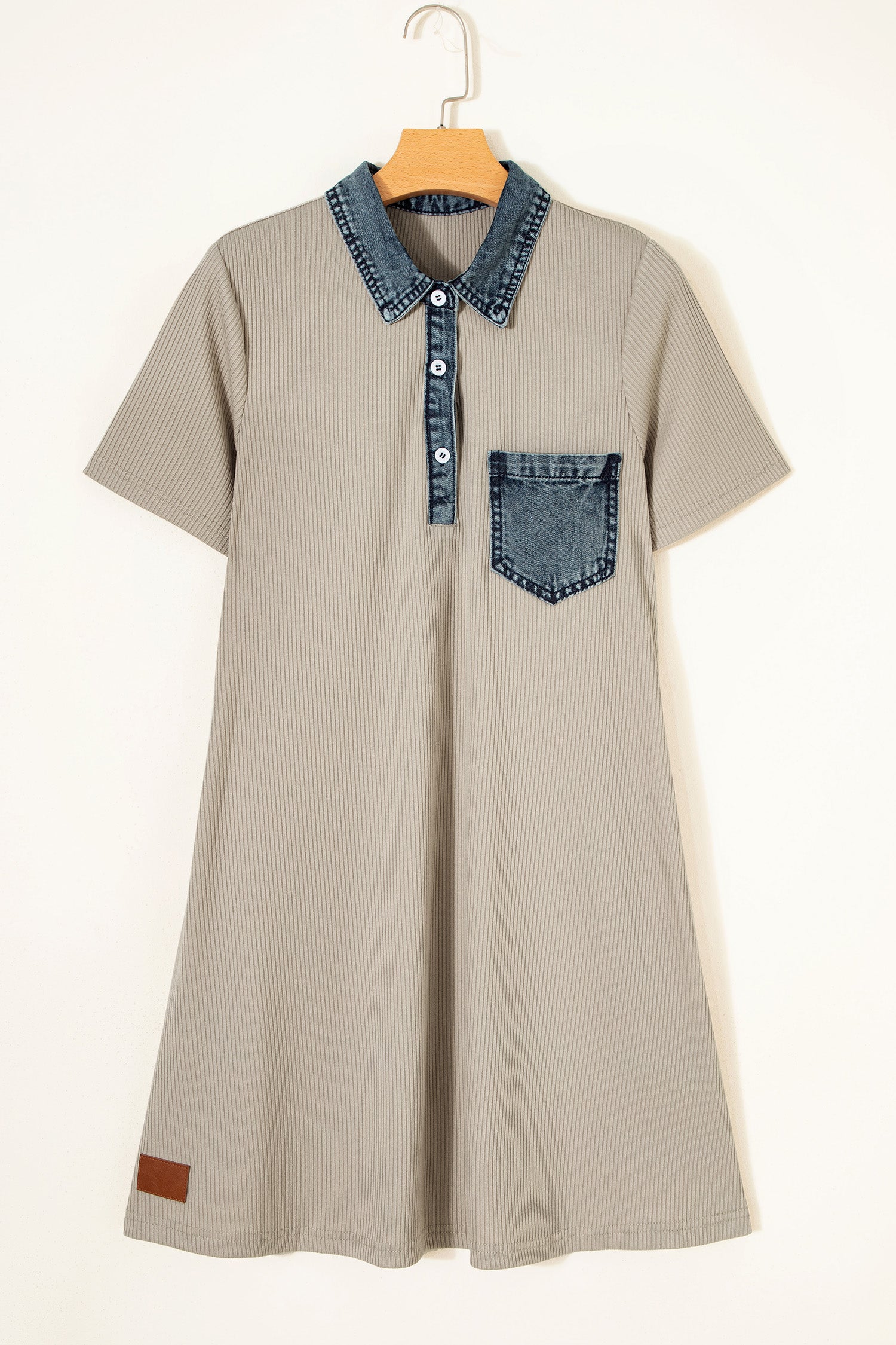 Beige Short Sleeve Ribbed Knit Denim Patchwork Polo Collar Dress