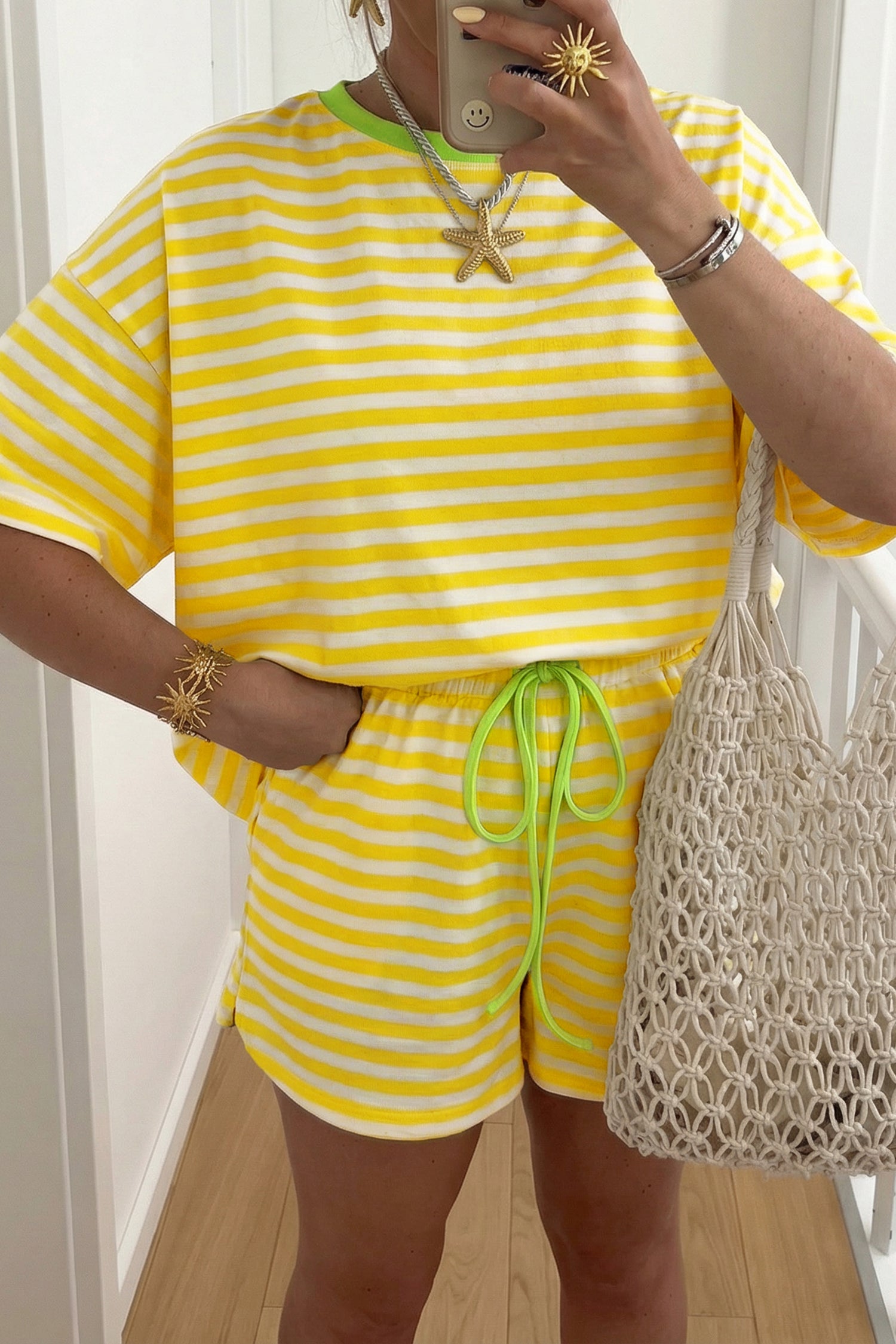 Yellow Stripe Contrast Neck Loose Tee and Drawstring Shorts Set