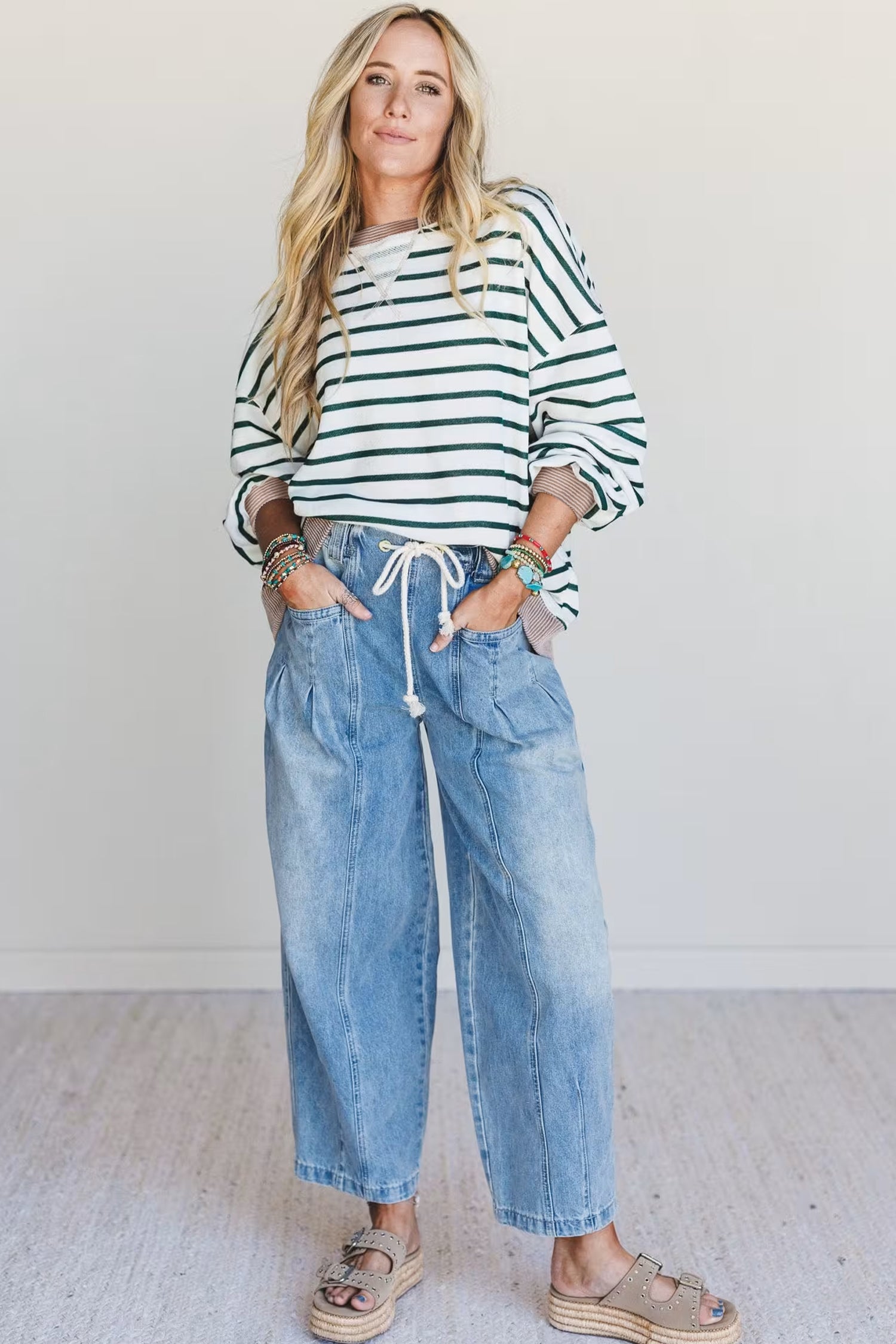 White Stripe Twisted Ribbed Patchwork Drop Shoulder Round Neck Sweatshirt