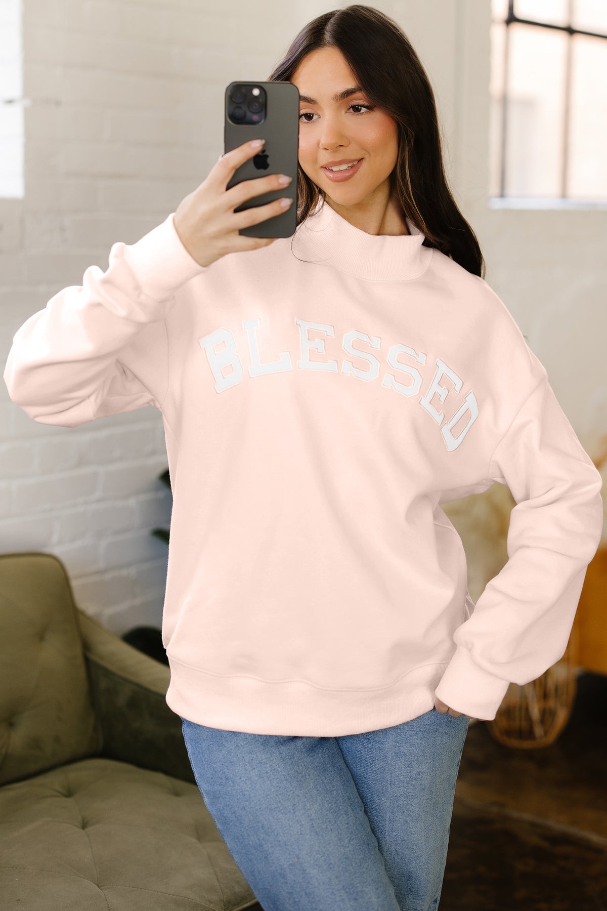 Light Pink Oversize Blessed Embroidered Mock Neck Sweatshirt