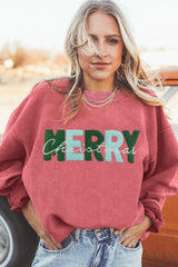 Strawberry Pink MERRY Christmas Terry Flocking Corded Graphic Sweatshirt