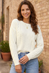 Beige Solid Color Cable Detail Knit Loose Round Neck Sweater