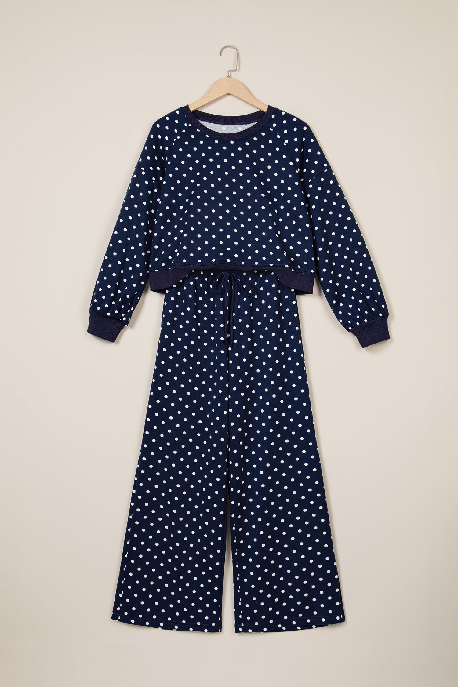 Brown Polka Dot Drawstring Wide Leg Long Sleeve Top Pant Set