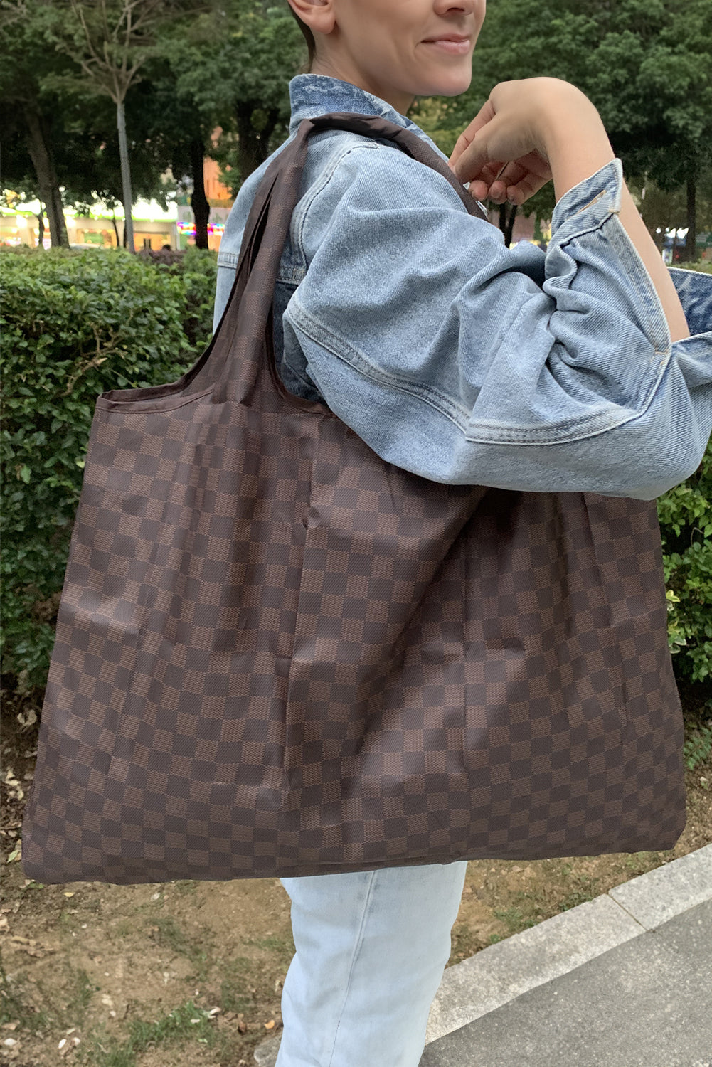 Black Trendy Checkered Pattern Large Portable Tote Bag