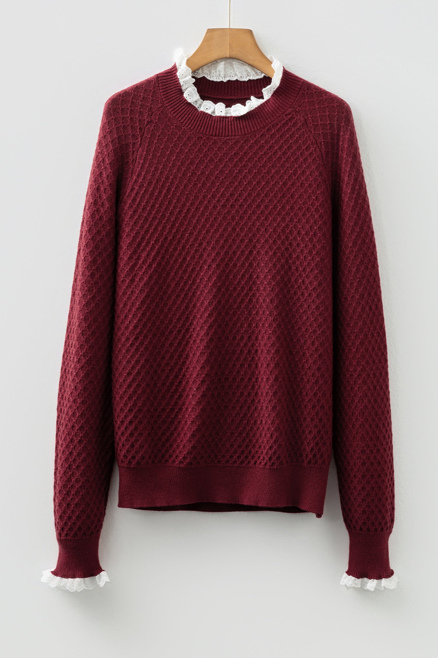 Burgundy  Contrast Lace Frilled Trim Raglan Sleeve Sweater