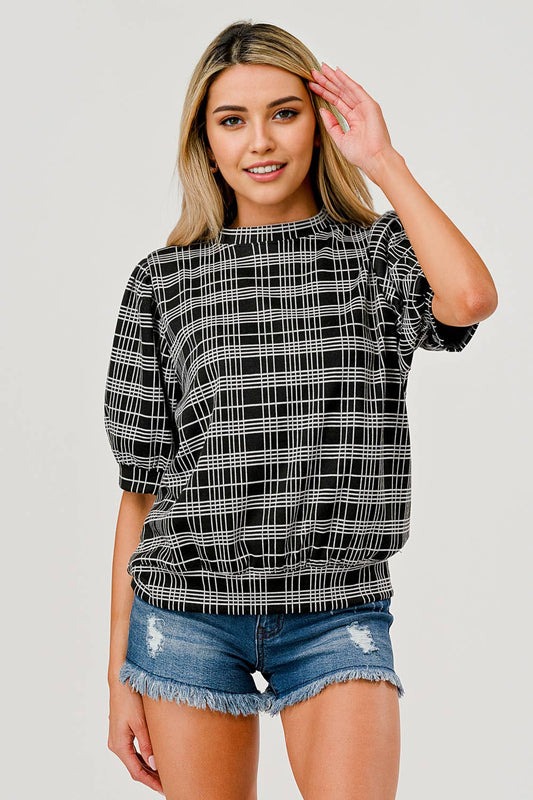 ROUND NECK 1/2 SLEEVE PLAID PUFFY SLEEVE TOP