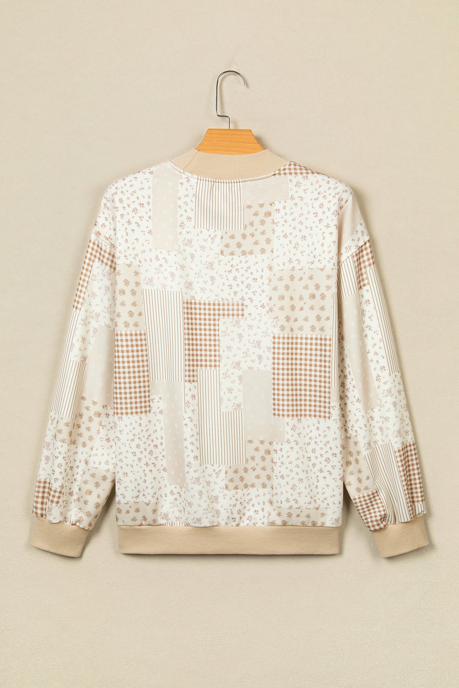 Khaki Patchwork Floral Print Mock Neck Long Sleeve Sweatshirt