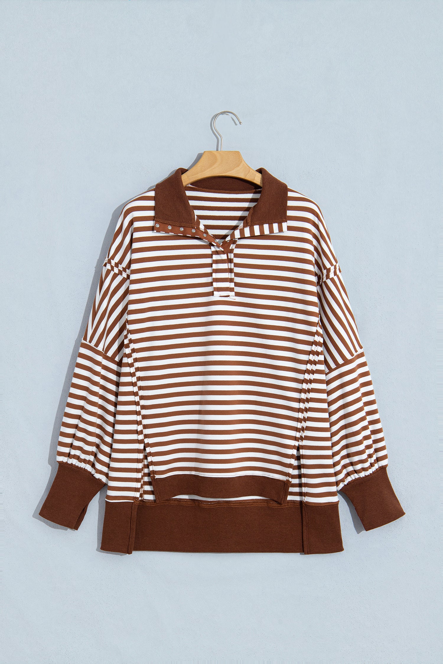 Blue Stripe Color Block Trim Raw Seam Split Hem Loose Pullover Sweatshirt