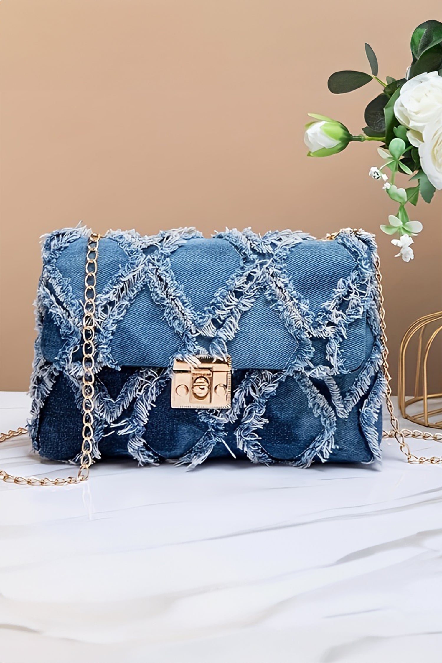 Blue Distressed Lattice Denim Chain Strap Shoulder Bag
