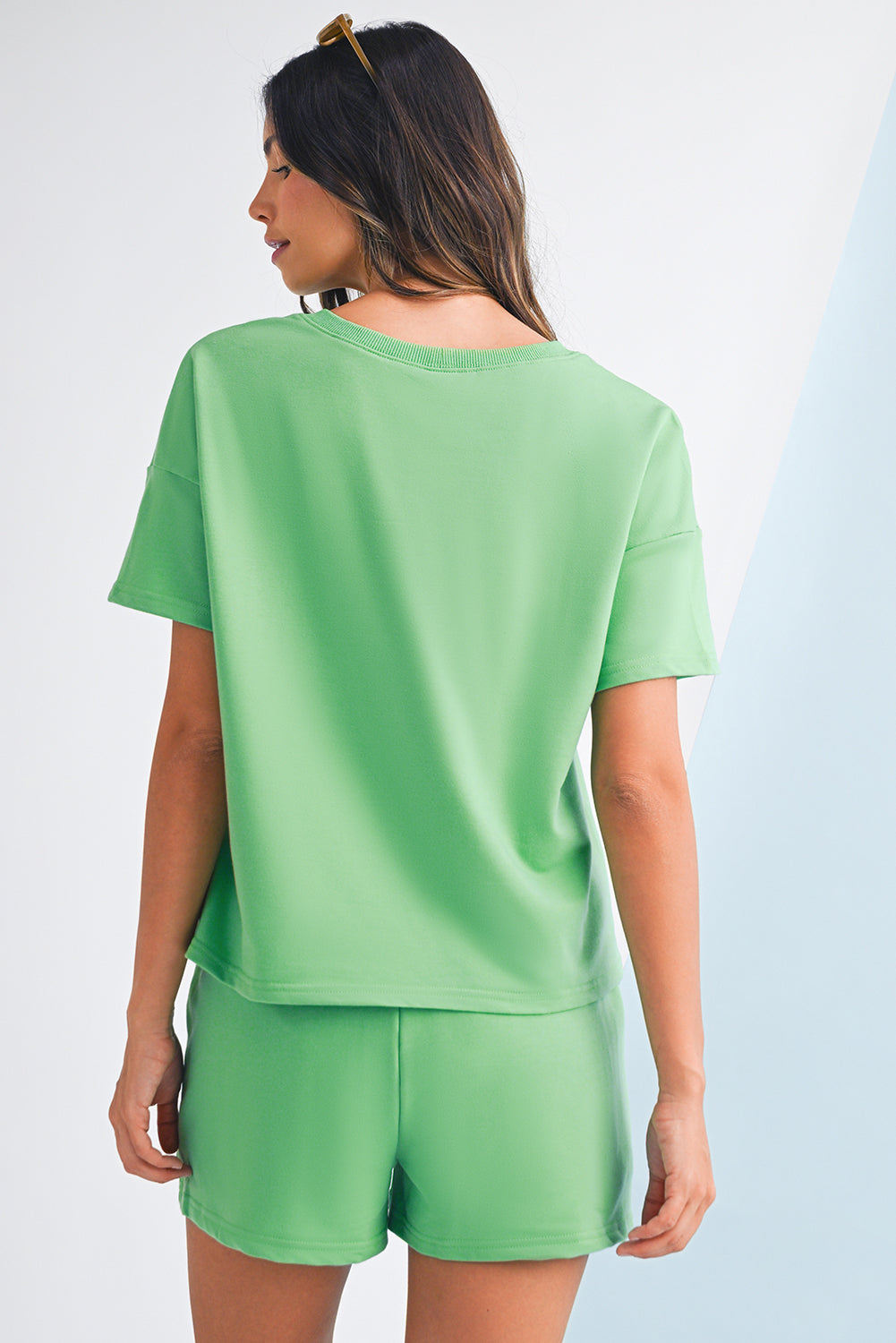 Mint Green V Neck Drop Shoulder Tee and Patchwork Shorts Set