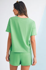 Mint Green V Neck Drop Shoulder Tee and Patchwork Shorts Set