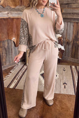 Light French Beige Leopard Print Ribbed Twist Long Sleeve Top Pants Plus Size Set