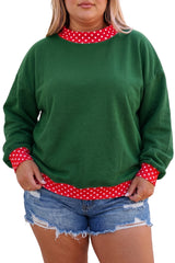 Dark Green Polka Dot Patchwork Round Neck Plus Size Sweatshirt