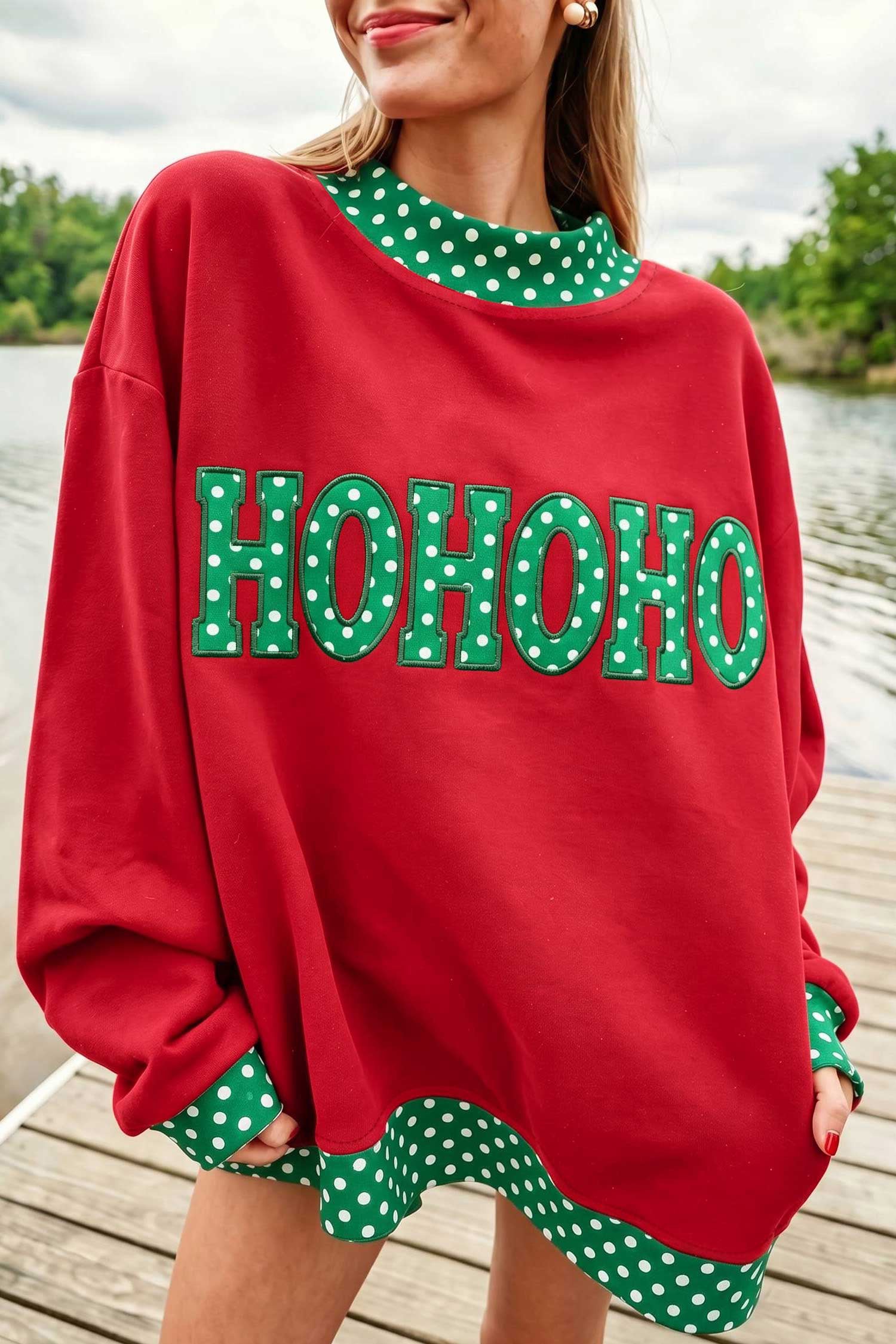 Sail Blue Polka Dot Letter Print Contrast Trim Mock Neck Sweatshirt