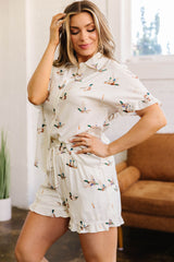 Beige Mallard Print Shirt Style Short Two Piece Set