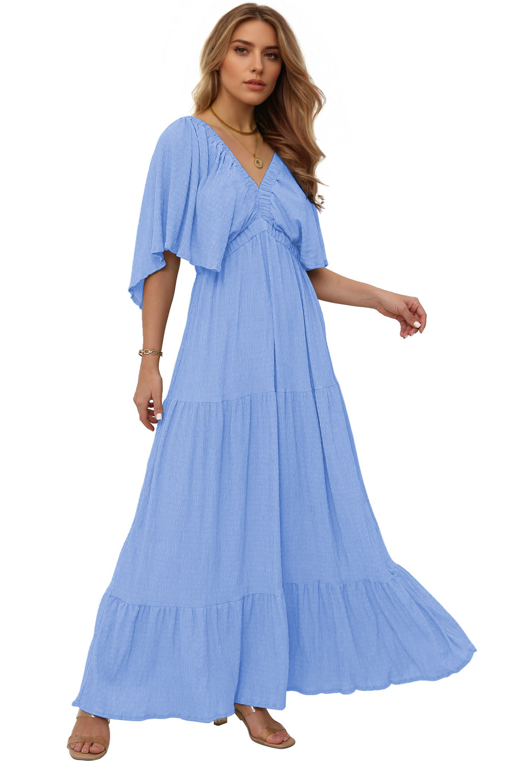 Sky Blue Textured V Neck Flutter Sleeve Ruffled Maxi Dress