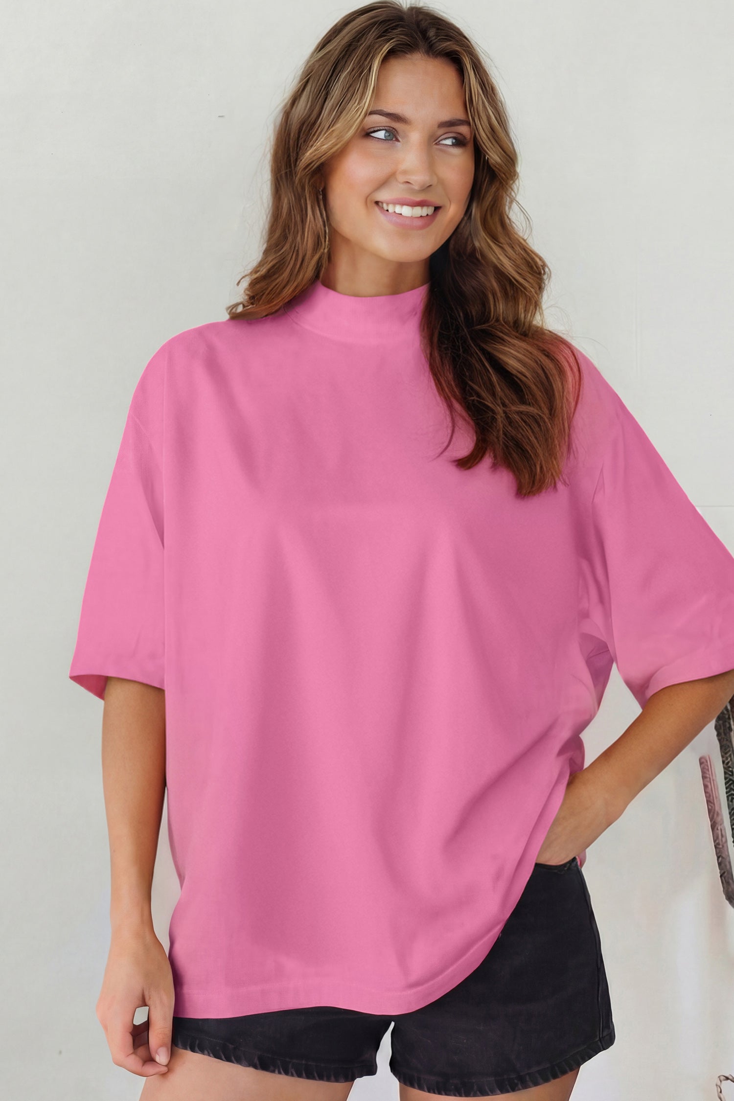 Dark Blue Solid Color High Neck Oversize Tee