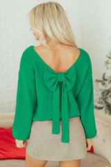 Fiery Red Festive Bow Backless Bubble Sleeve Sweater