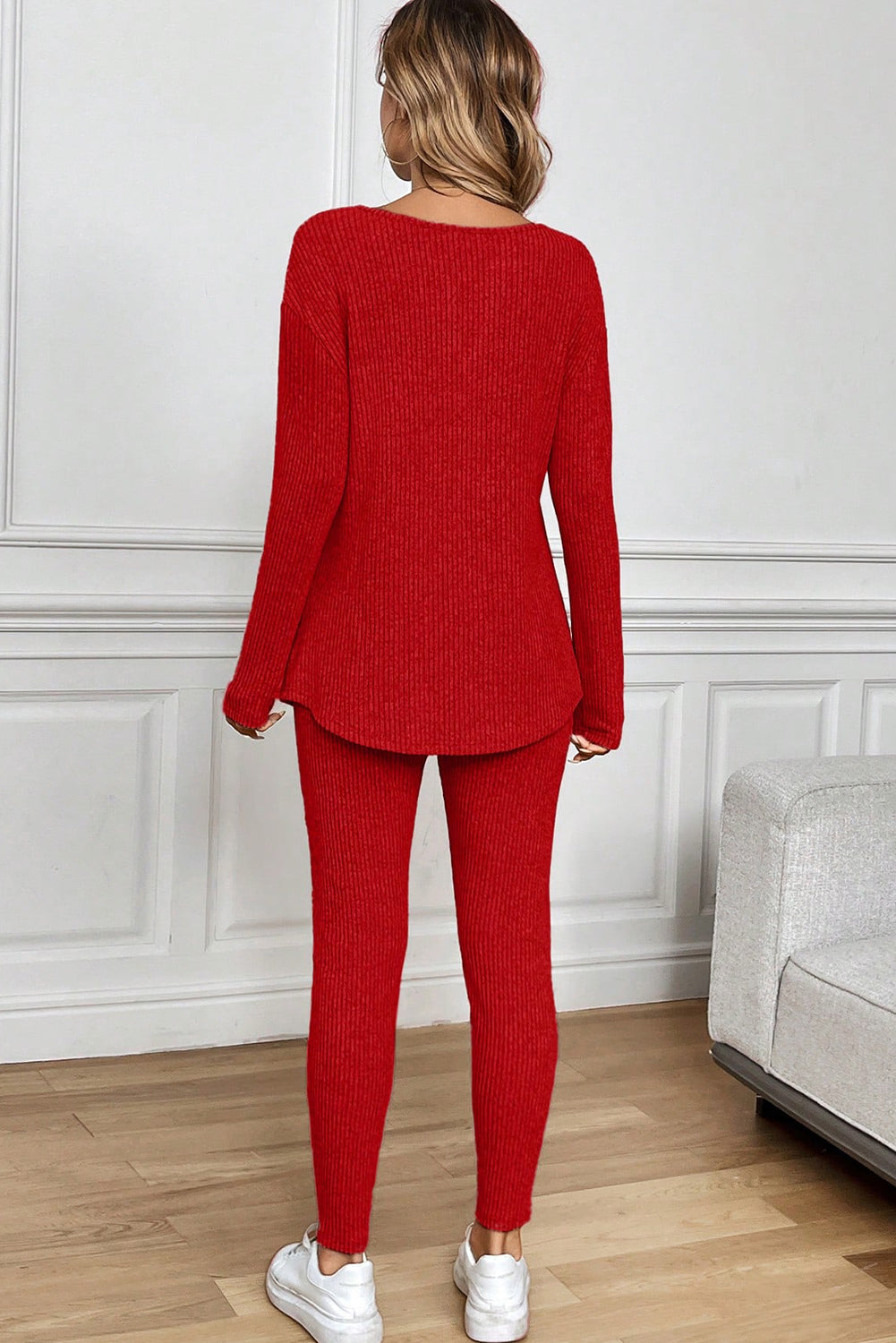Racing Red Ribbed Notched Neck Knit Long Sleeve Leggings Two Pieces Lounge Set