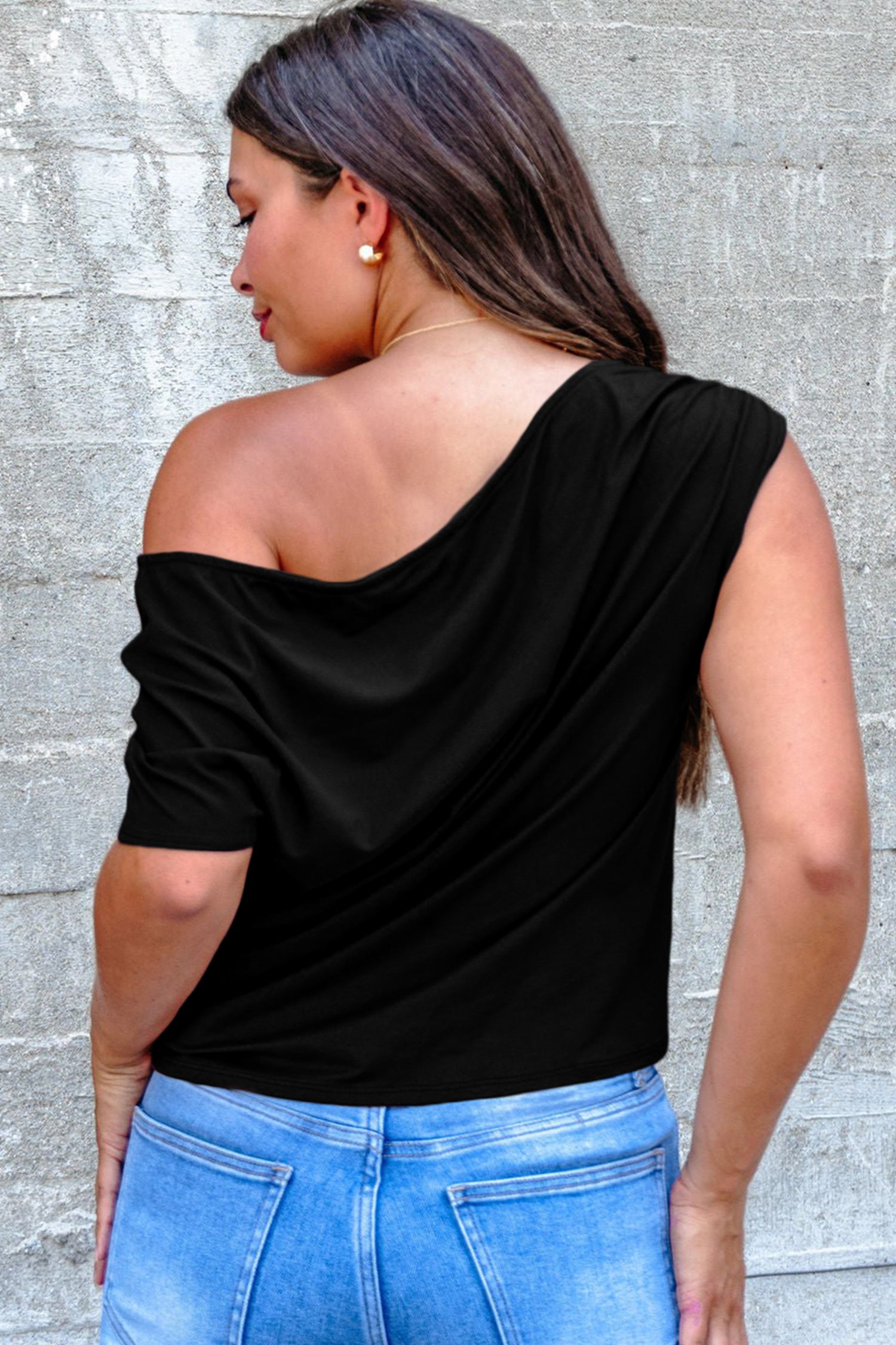 Burgundy Plus Size Solid Color Asymmetric Neck Short Sleeve Blouse