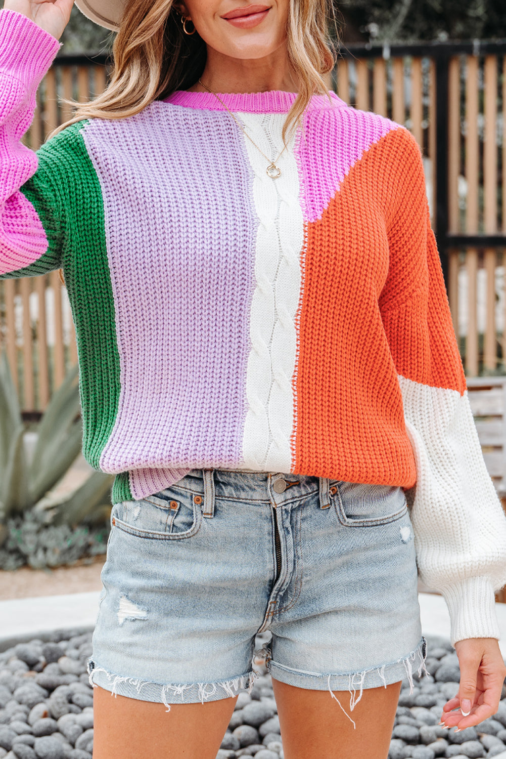 Desert Gold Color Block Textured Knit Drop Shoulder Loose Fit Sweater