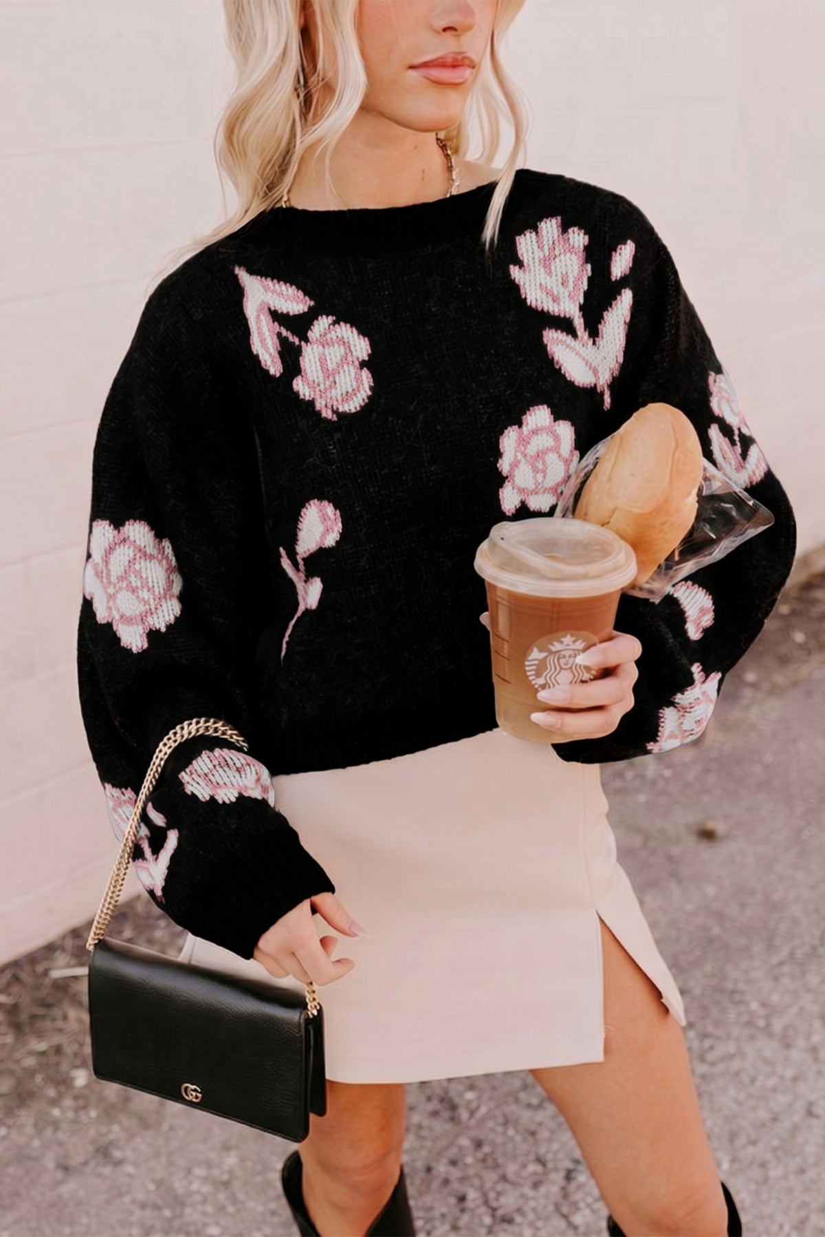Black Floral Pattern Puff Sleeve Dropped Shoulder Pullover Sweater