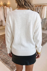 White Drop Shoulder Round Neck Long Sleeve Pullover Sweater