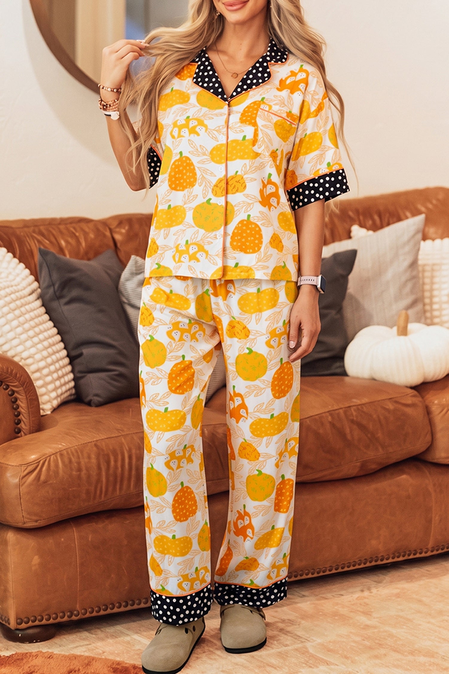 Orange Short Sleeve Pumpkin Print Polka Dot Trim Pocket Pocket Placket Home Wear Lounge Set