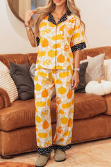 Orange Short Sleeve Pumpkin Print Polka Dot Trim Pocket Pocket Placket Home Wear Lounge Set