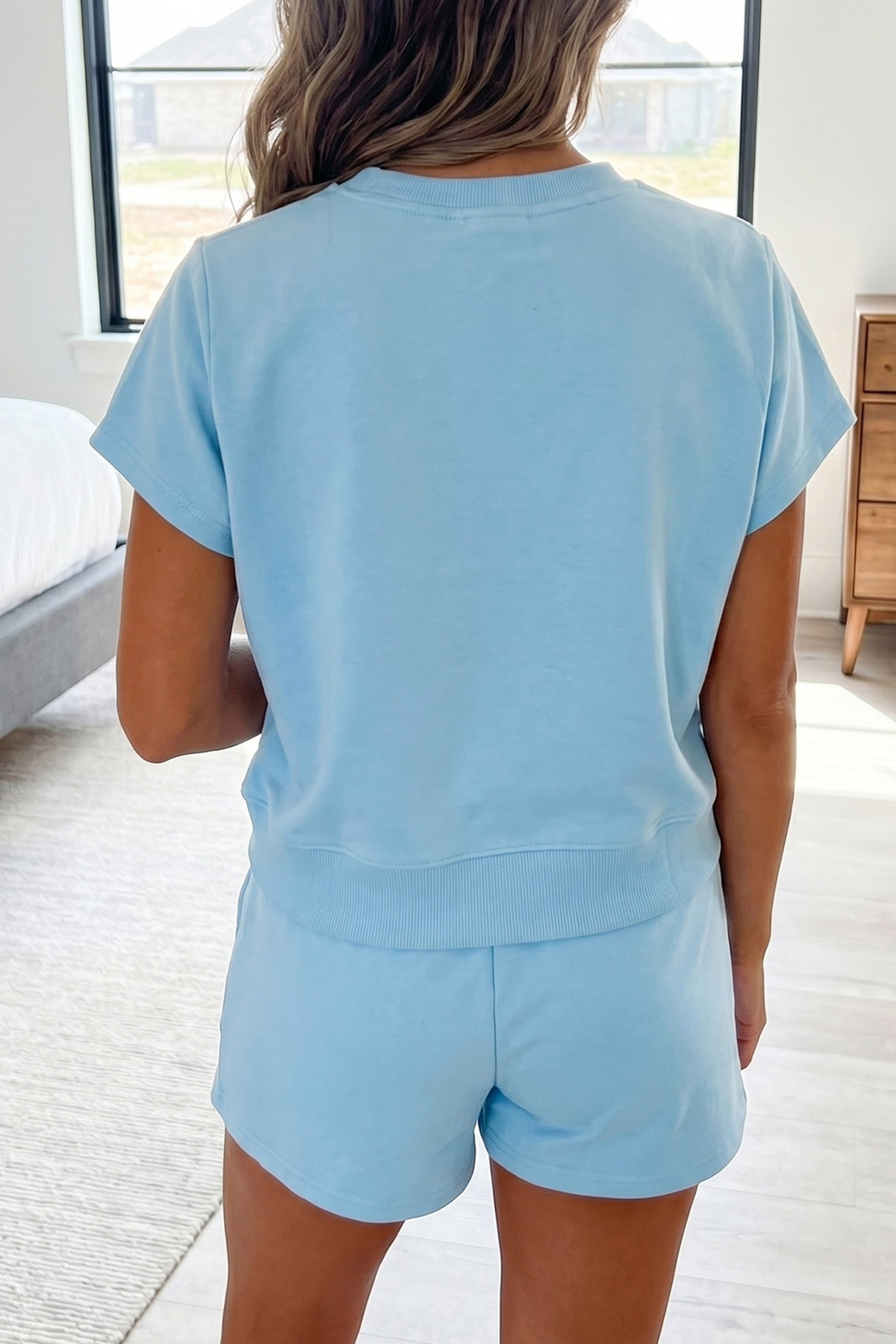 Mist Blue Solid Color Loose Tee Drawstring Shorts 2pcs Outfit