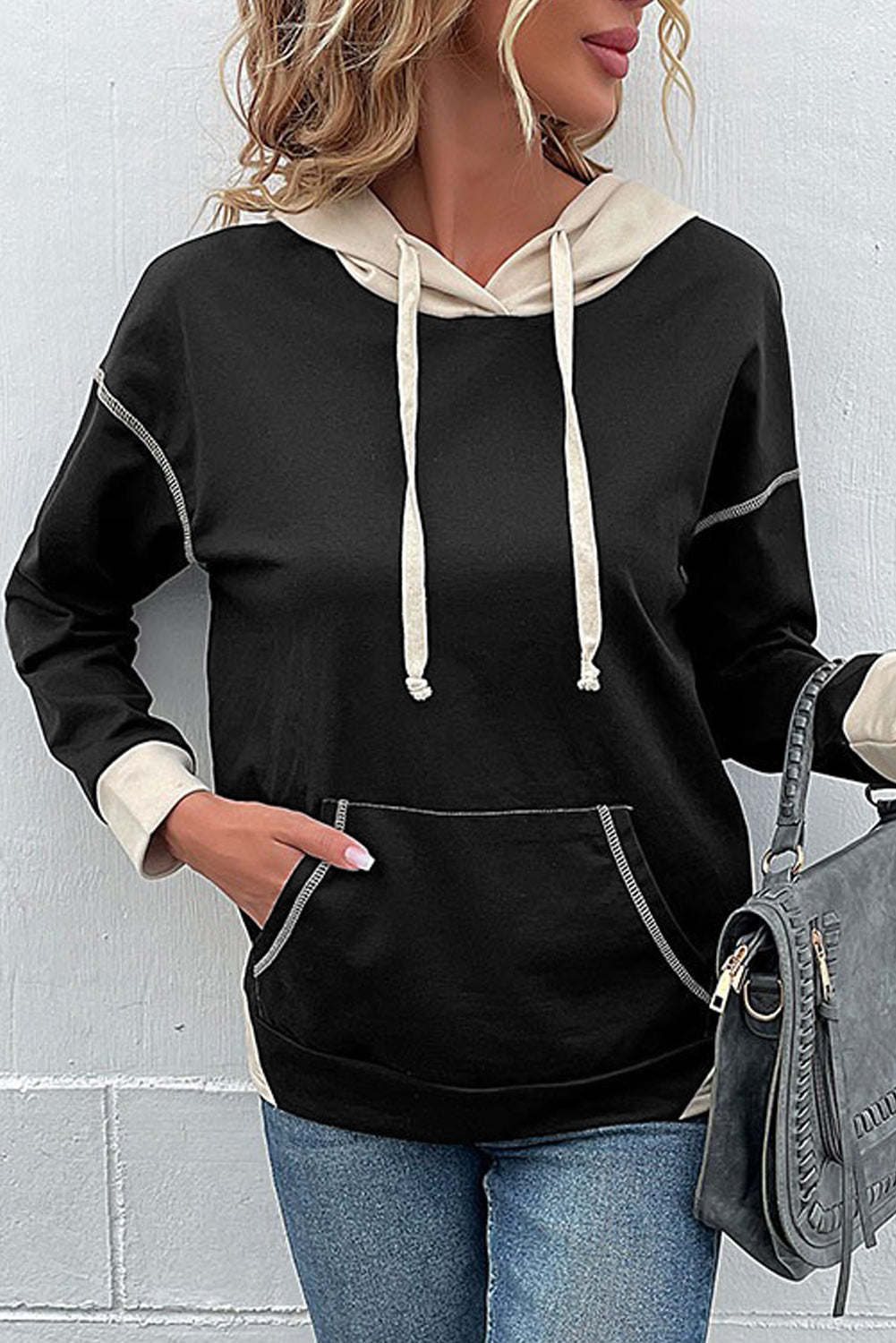 Black Contrast Trim Kangaroo Pocket Hoodie