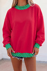Dark Green Colorblock Polka Dot Contrast Trim Oversized Sweatshirt