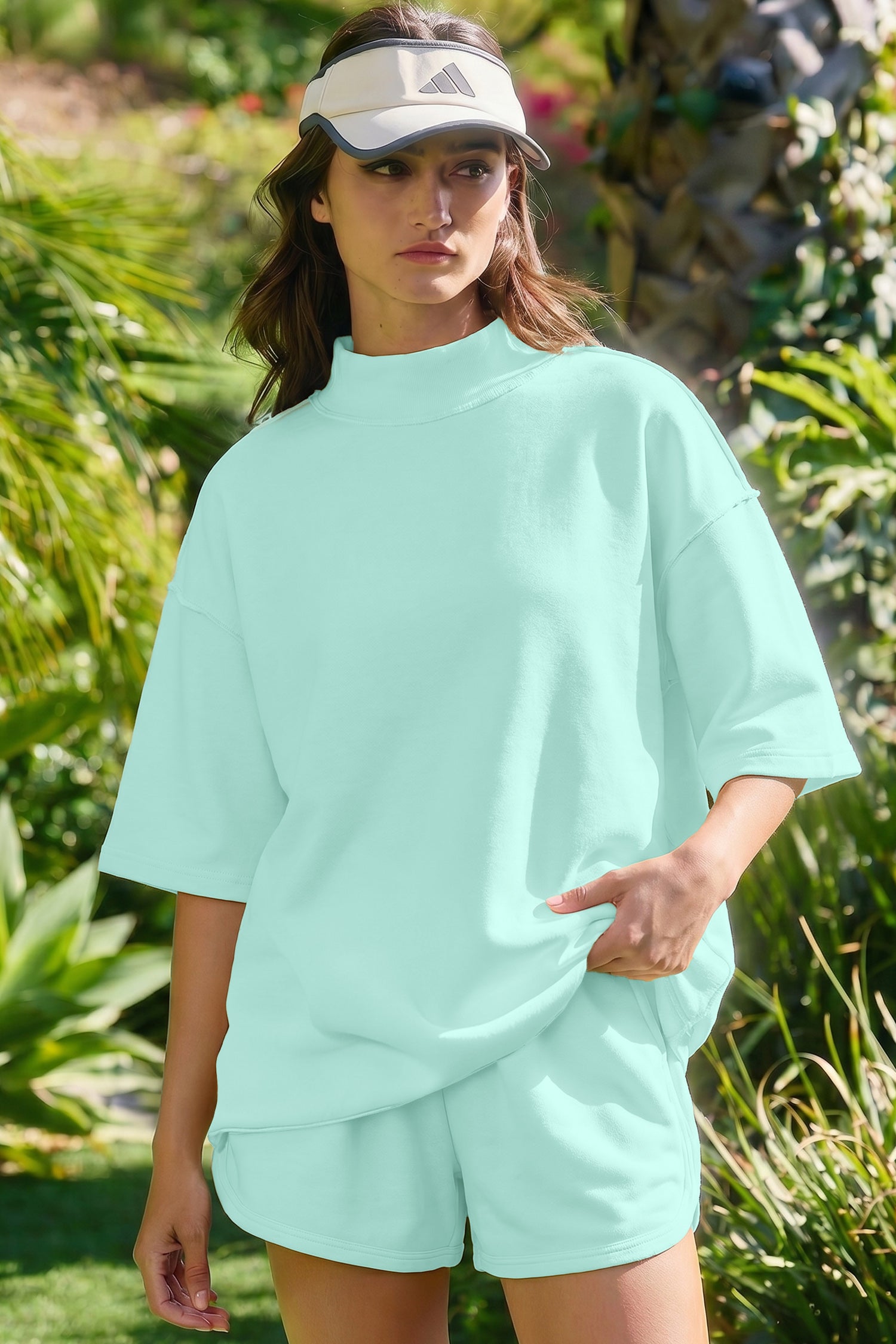 Mist Blue Solid Color Exposed Seam Mock Neck Oversize Tee Casual Shorts 2pcs Outfit