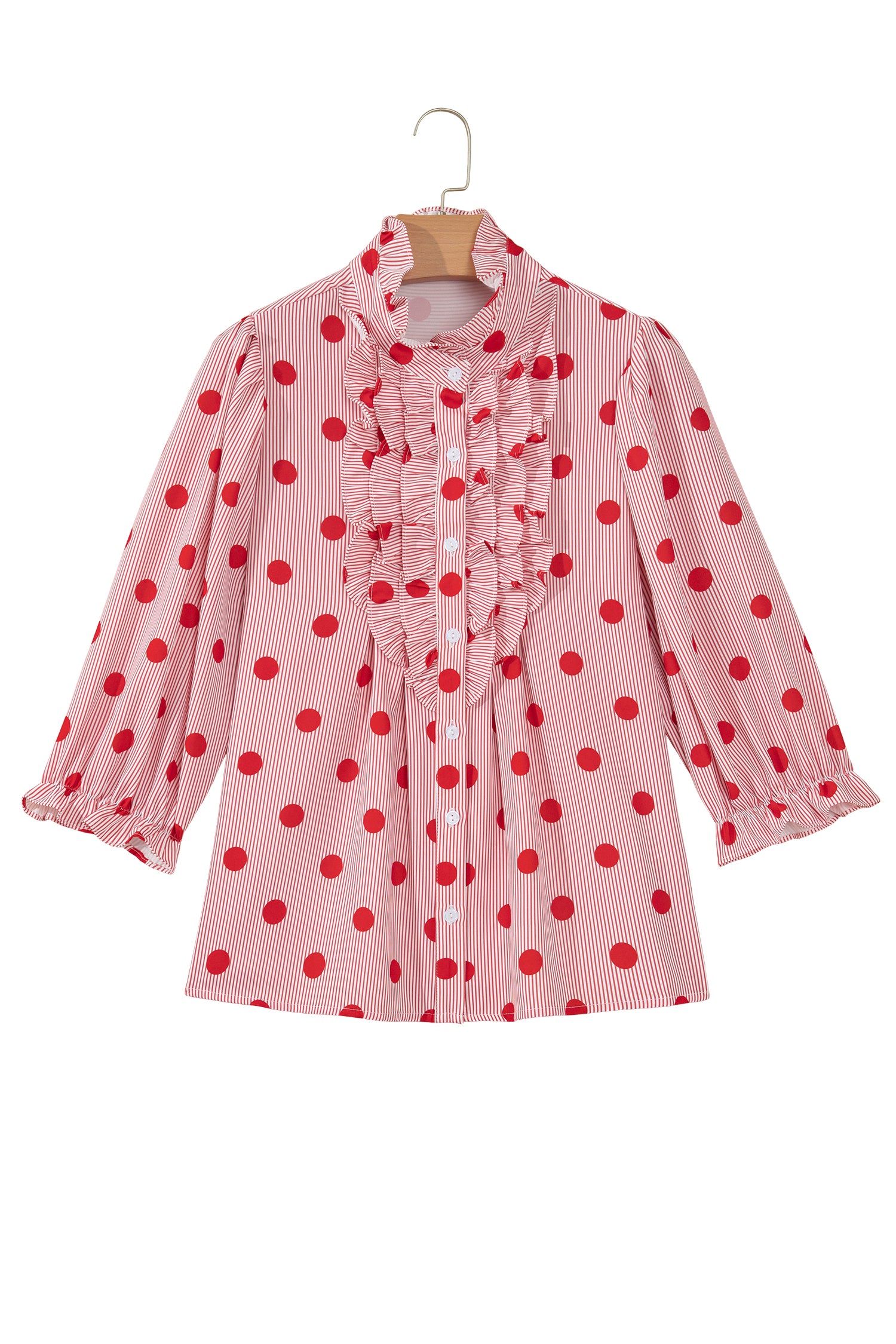 Black white Polka Dot Striped Print Ruffle Stand Neck 3/4 Sleeve Shift Shirt