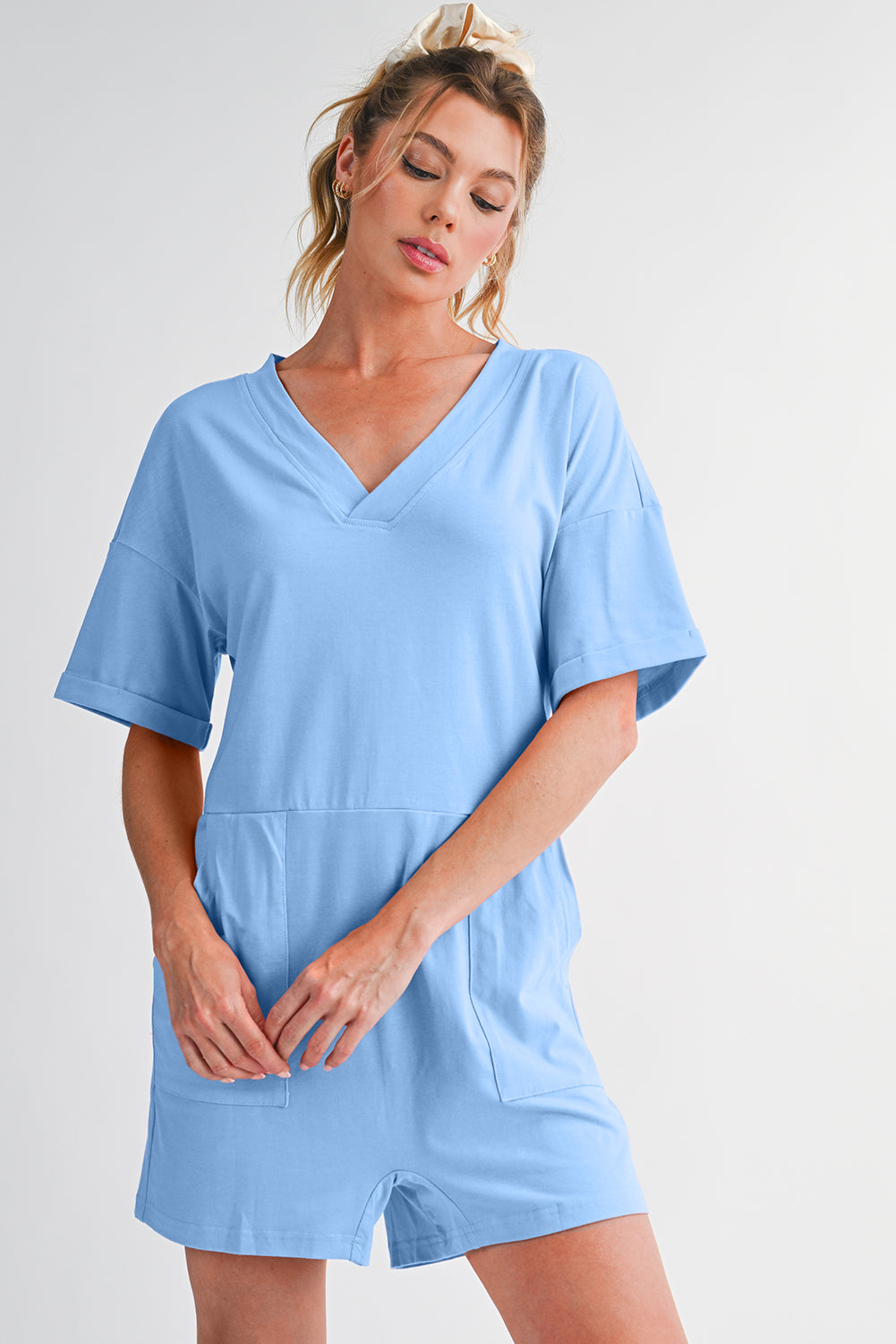 Myosotis Loose Half Sleeve V Neck Plain Romper