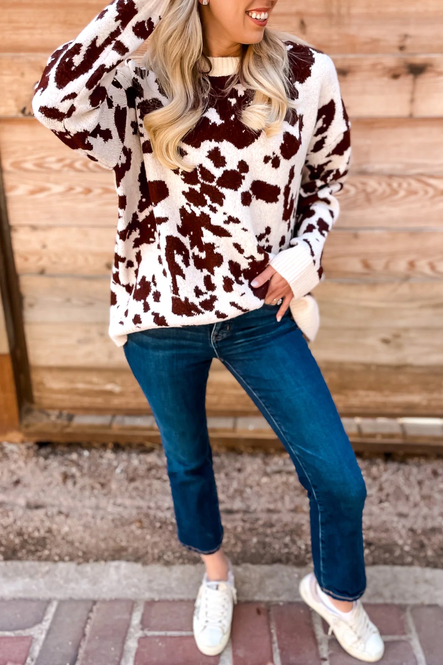 Brown Western Print Cow Pattern Long Sleeve Round Neck Pullover Knitwear Sweater