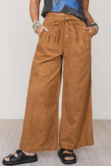 Thai Curry Elastic Waist Wooden Button Placket Ankle Length Wide Leg Pants