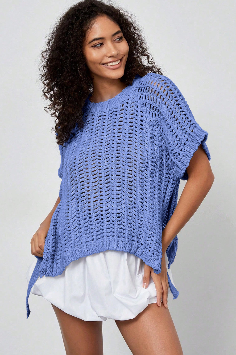 White Plus Size Open Knit Bow Tie Short Sleeve Sweater