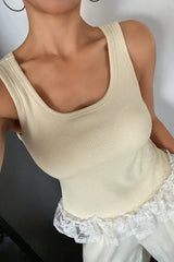 Beige Ribbed Knit Sweet Lace Hem Vest