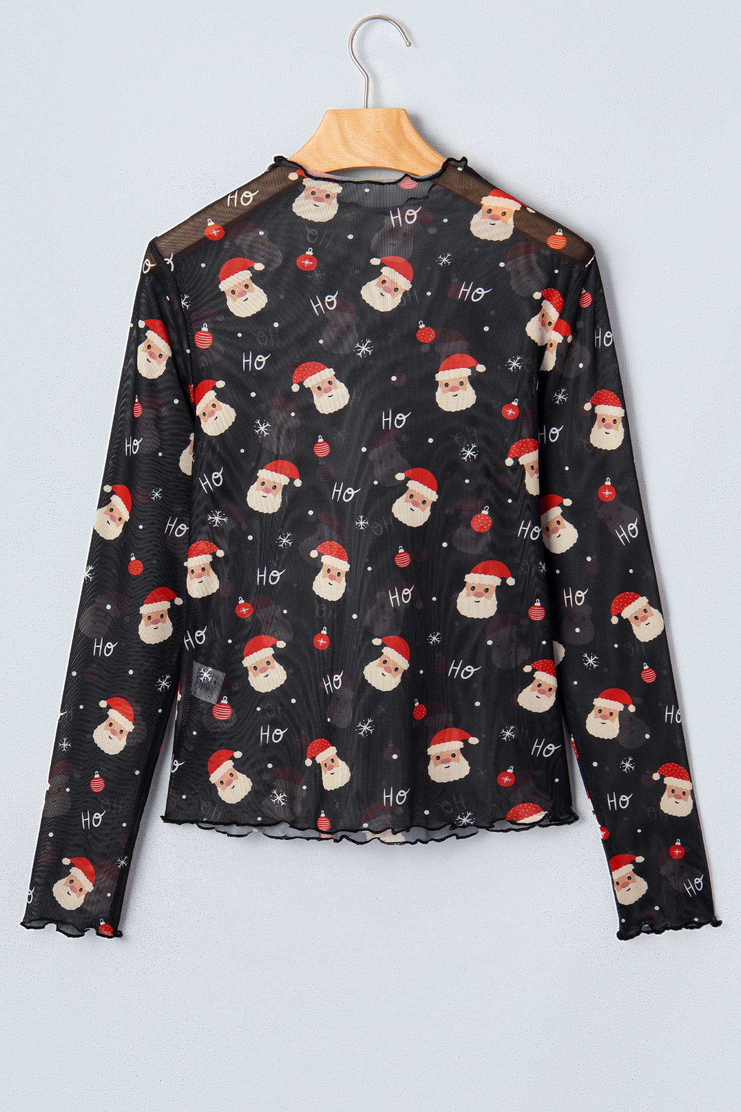 Black Santa Print Sheer Stand Neck Long Sleeve Top