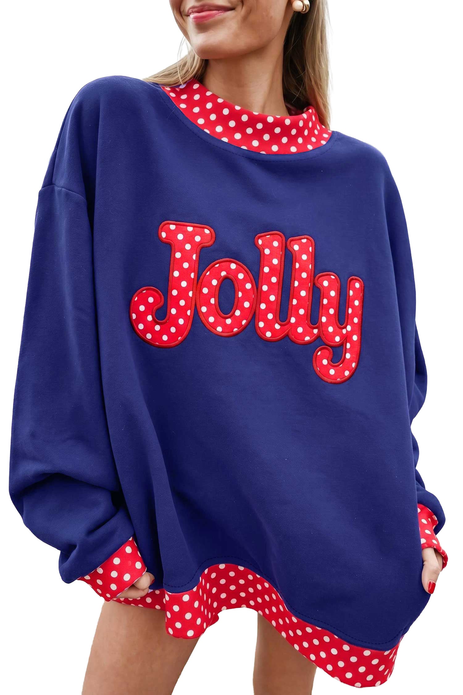 Sail Blue Polka Dot Letter Print Contrast Trim Mock Neck Sweatshirt