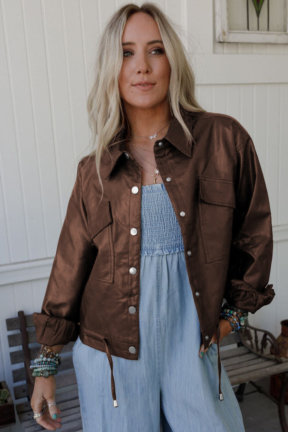 Chicory Coffee Flap Pocket Drawstring Hem Leather Jacket