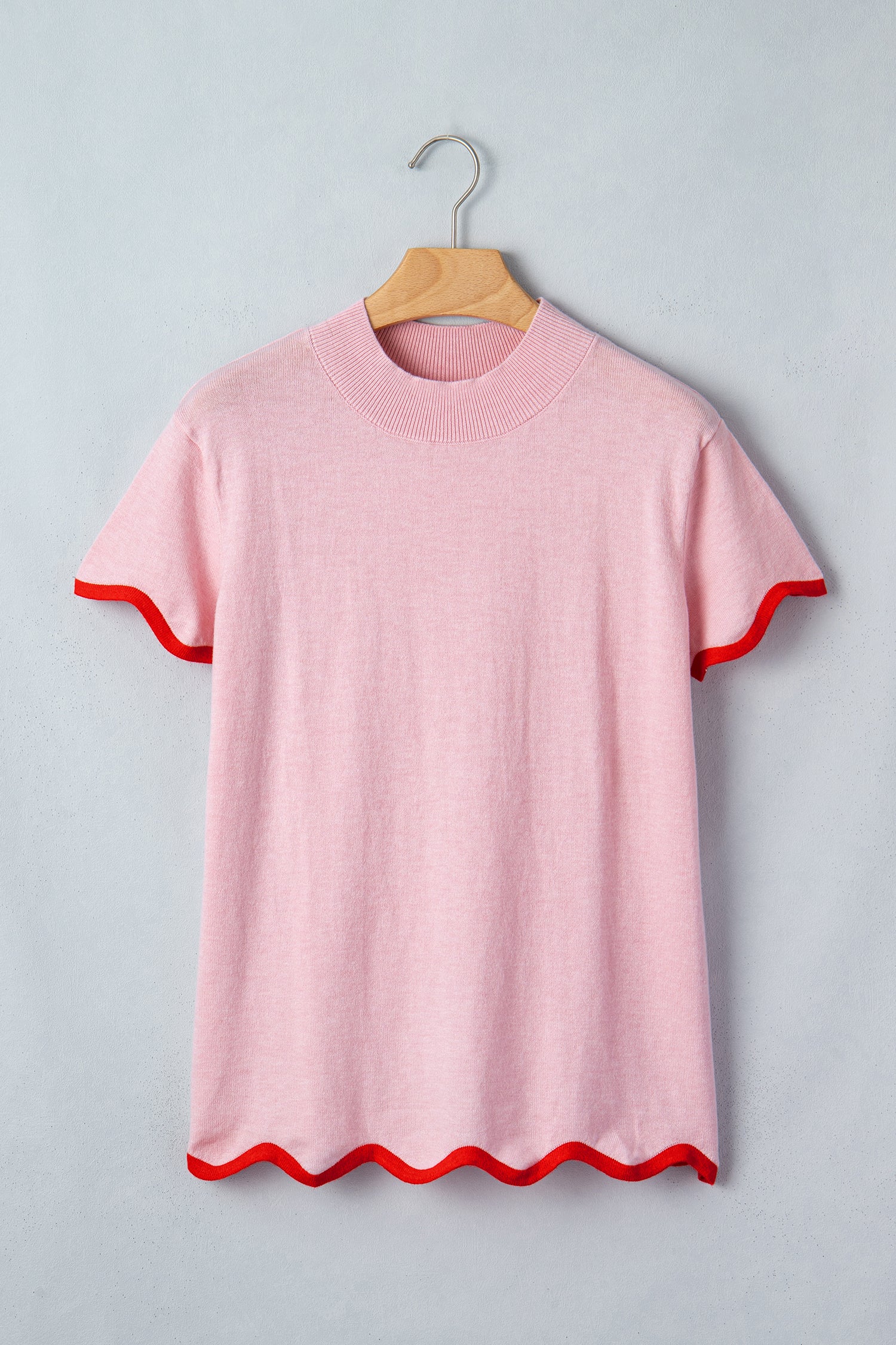 Pink Stand Neck Contrast Wavy Trim Short Sleeve Sweater