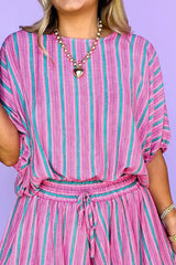 Pink Stripe Dolman Short Sleeve Blouse Drawstring Elastic Waist Loose Short Set