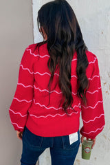 Red Stripe Striped Round Neck Long Sleeve Shift Pullover Sweater